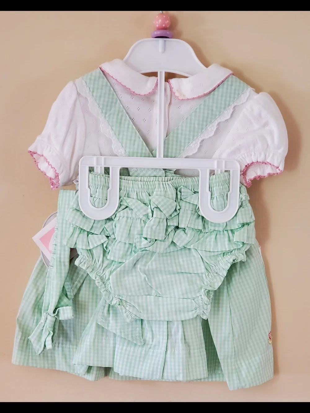 Little Sunshine 4-pc Mint Green Gingham Baby Dress with Embroidered Chick